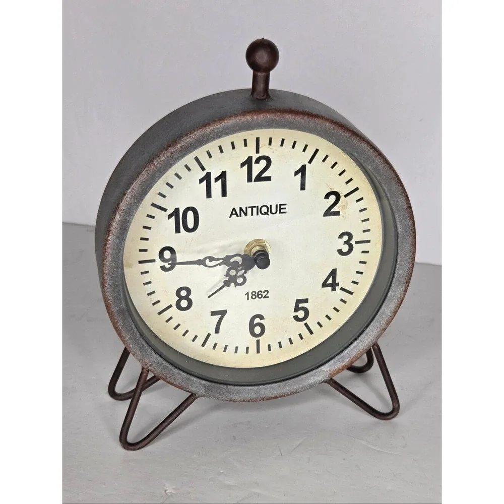 Antique‎ Round Tabletop Silver Galvanized Metal Mantel Clock Farmhouse Rustic